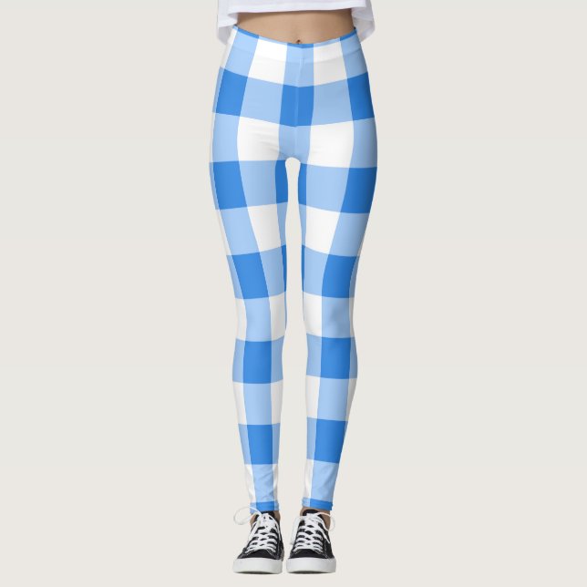 Blue & White Gingham Checkered Pattern Leggings (Front)