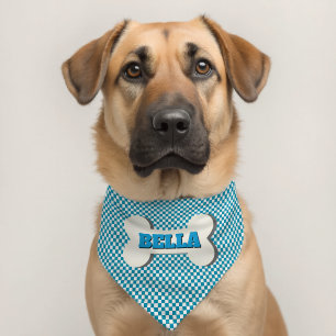 Blue White Gingham Checks Dog Bone Design Pet Bandana Collar