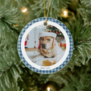 Blue White Gingham Dog Pet Photo Custom Name Ceramic Ornament