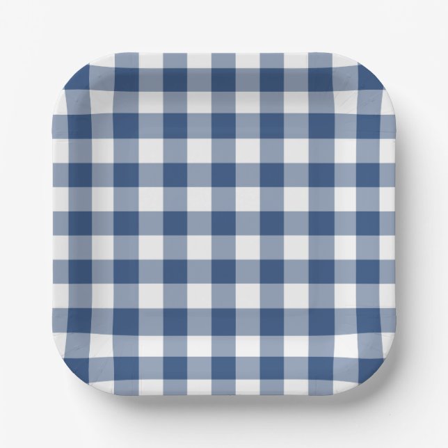 Blue White Gingham Pattern Paper Plates (Front)