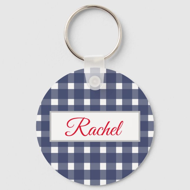 Blue White Gingham Personalized  Keychain (Front)