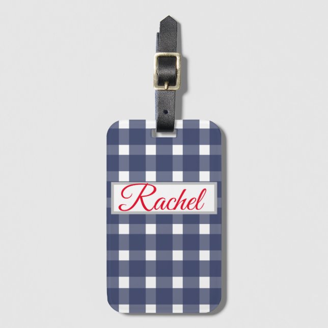 Blue White Gingham Personalized  Luggage Tag (Front Vertical)