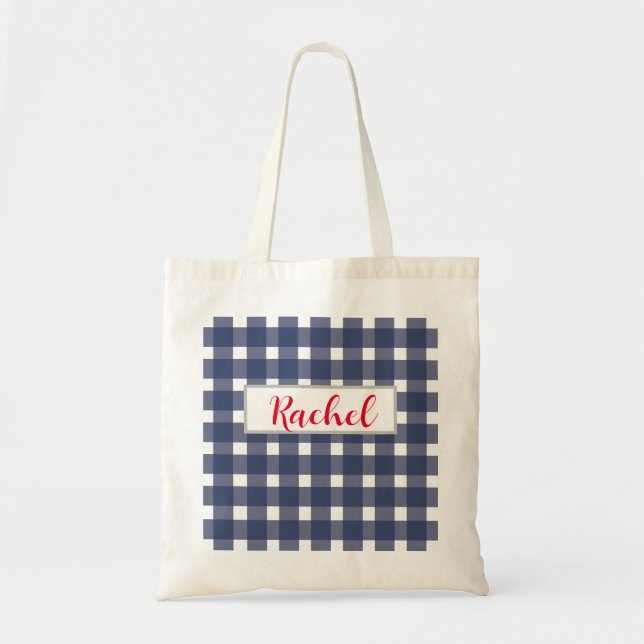 Blue White Gingham Personalized Tote Bag (Front)