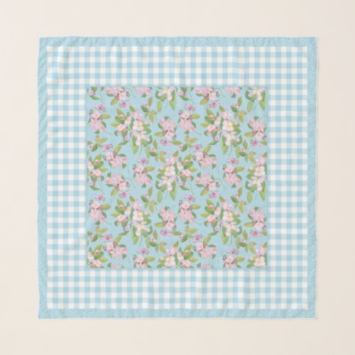 Blue White Gingham Pink Apple Blossom on Blue Scarf