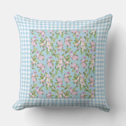 Blue White Gingham Pink Apple Blossom on Blue Throw Pillow