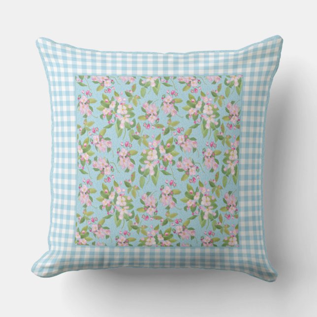 Blue White Gingham, Pink Apple Blossom on Blue Throw Pillow (Front)