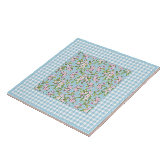 Blue White Gingham, Pink Apple Blossom on Blue Tile (Side)