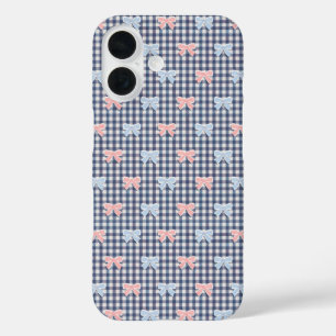 Blue White Gingham Pink Blue Coquette Bows Trendy iPhone 16 Case
