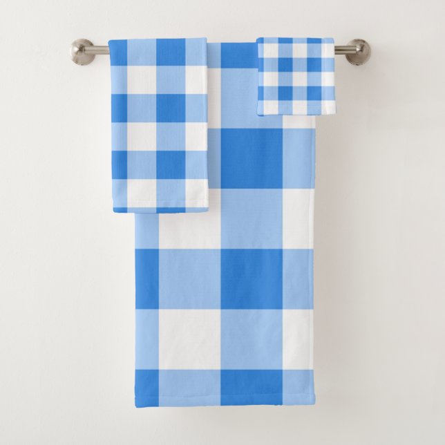 Blue & White Gingham Plaid Checkered Pattern Bath Towel Set (Insitu)