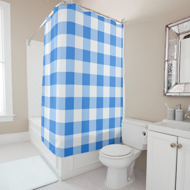 Blue & White Gingham Plaid Checkered Pattern Shower Curtain (In Situ)