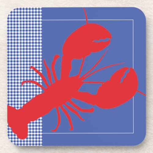 Blue White Gingham Red Lobster Coastal Maine  Beverage Coaster