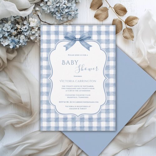 Blue White Gingham Whimsical Baby Shower Invitation