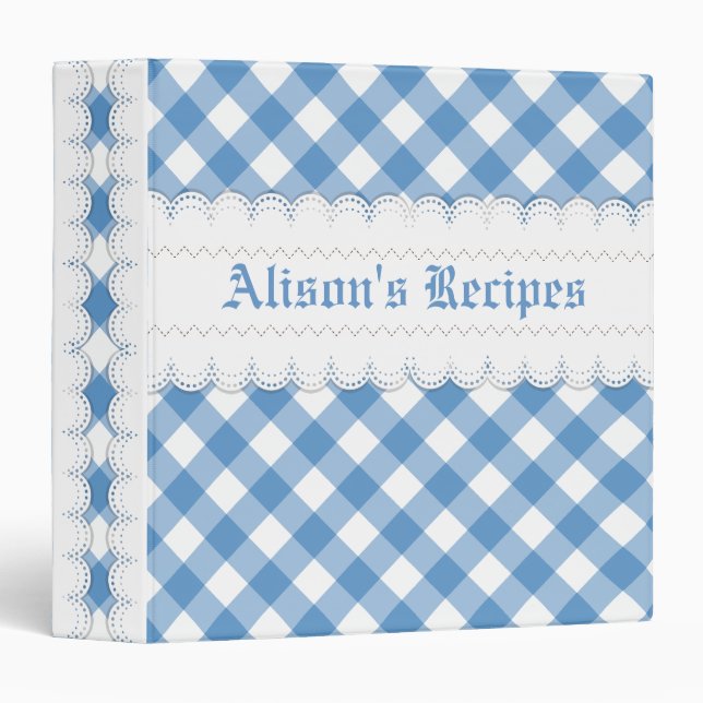 Blue, white gingham with scalloped borders recipe 3 ring binder (Front/Spine)