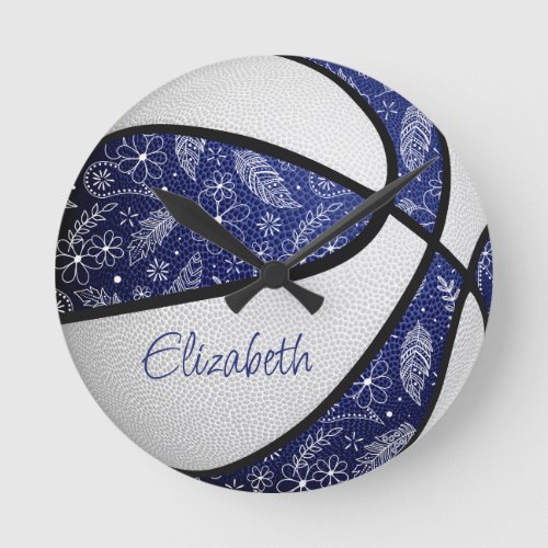 blue white girls boho feathers pattern basketball round clock