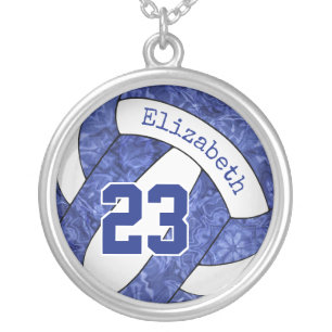 blue white girls volleyball team colors sporty silver plated necklace