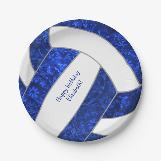 blue white girly volleyball birthday party paper plates (Front)