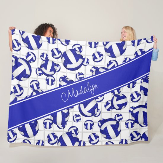 blue white girly volleyballs w net accent pattern fleece blanket