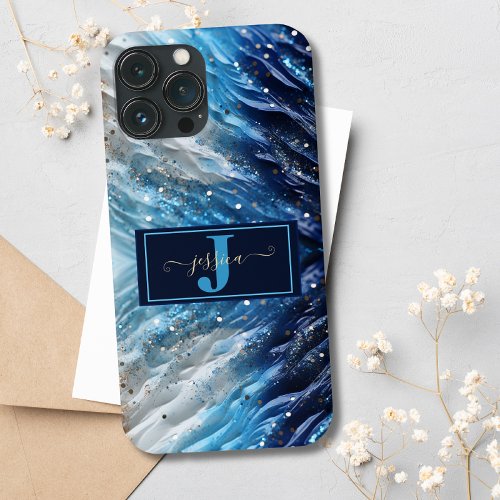 Blue White Glitter Abstract Monogrammed Ombre iPhone 13 Pro Max Case