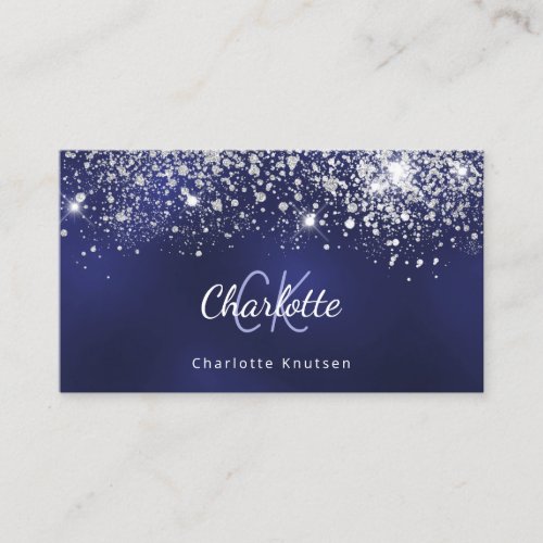 Blue white glitter monogram initials business card