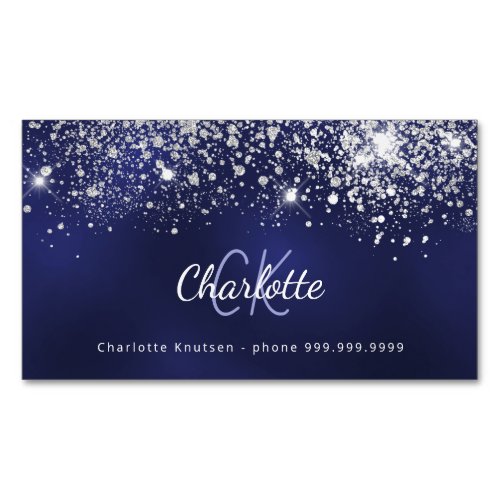 Blue white glitter monogram initials business card magnet