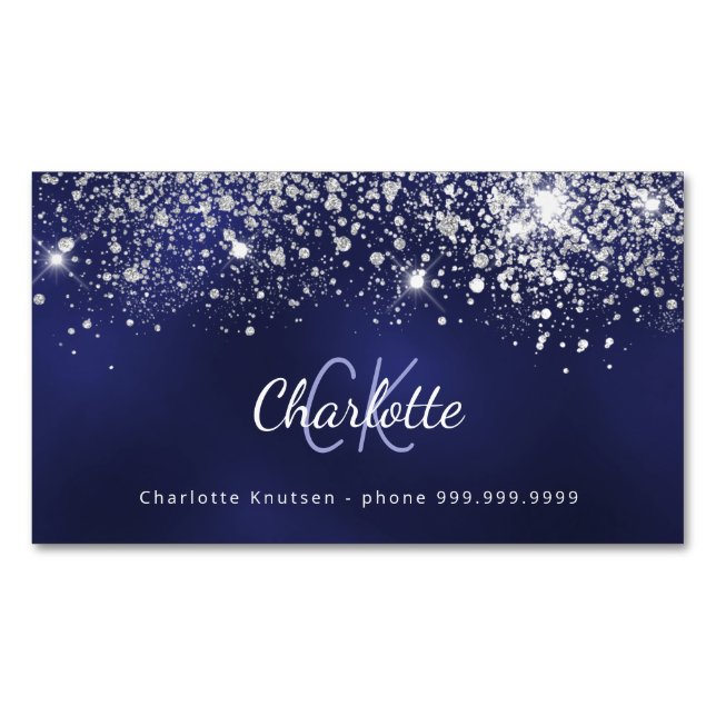 Blue white glitter monogram initials business card magnet (Front)