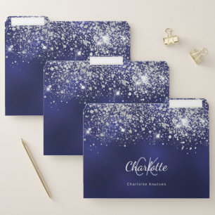 Blue white glitter monogram initials file folder