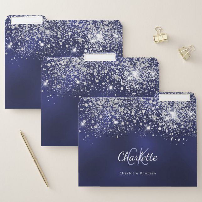 Blue white glitter monogram initials file folder (Set)
