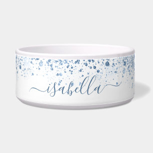 Blue white glitter name script bowl