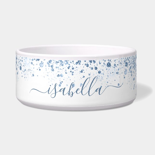 Blue white glitter name script bowl (Front)