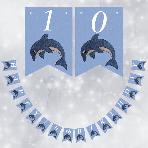 Blue White Glittery Jumping Birthday Dolphin Bunting Flags