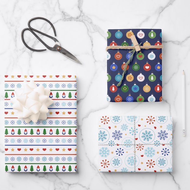 Blue White Gnomes Hearts Snowflakes Christmas Wrapping Paper Sheets (Front)