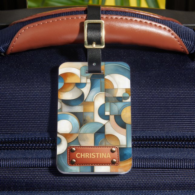 Blue White Gold Abstract Geometric Art Luggage Tag (Front Insitu 2)