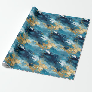 Blue, White & Gold Abstract Paint Wrapping Paper