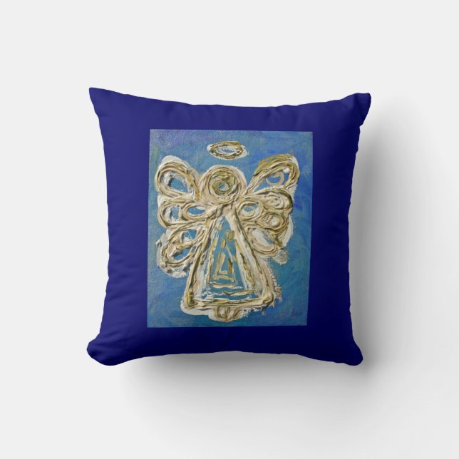Blue, White, Gold Angel Decorative Throw Pillow (Front)