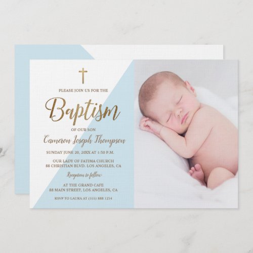 Blue White Gold Baptism baby Boy photo Invitation
