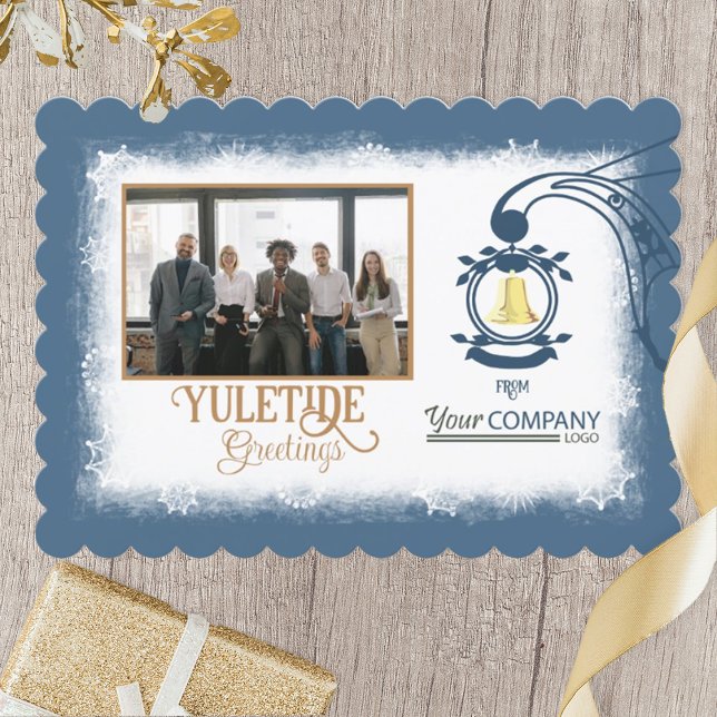 Blue, White, Gold Bell Company Christmas Photo Holiday Card (blue, beige, gold bell company logo Christmas holiday cards with company group photo)