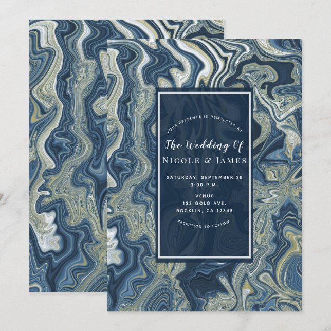 Blue White Gold Chic Swirl Modern Wedding Invitation (Front/Back)