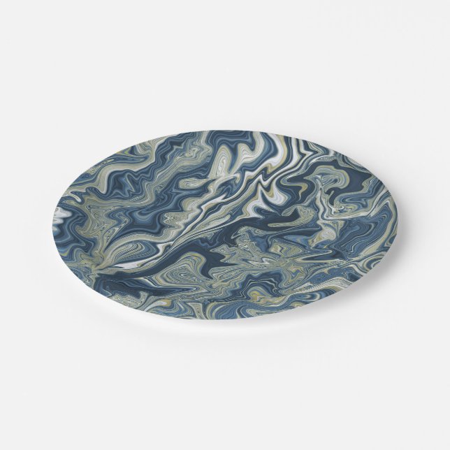 Blue White Gold Chic Swirl Modern Wedding Paper Plates (Angled)