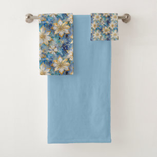 Blue White Gold Christmas Poinsettias Bath Towel Set