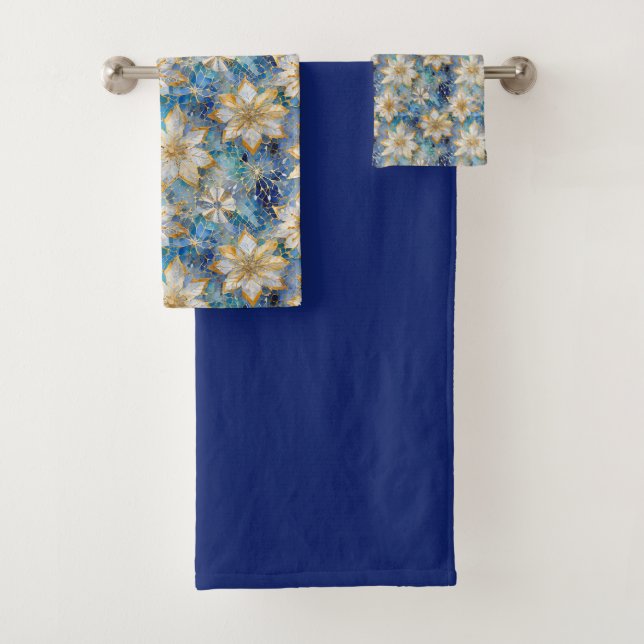 Blue White Gold Christmas Poinsettias Bath Towel Set (Insitu)
