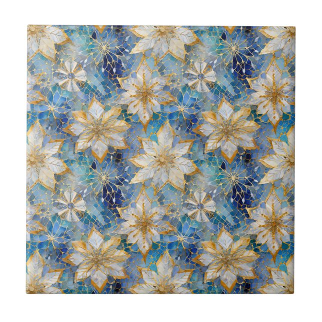 Blue White Gold Christmas Poinsettias Ceramic Tile (Front)