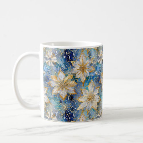 Blue White Gold Christmas Poinsettias Coffee Mug