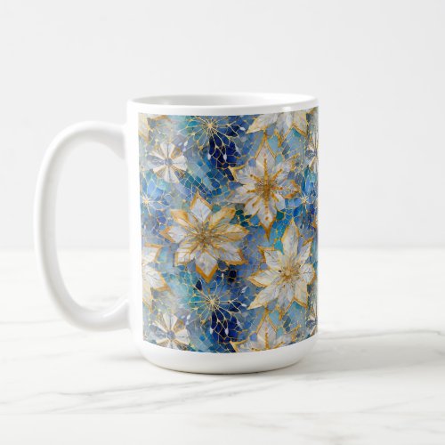 Blue White Gold Christmas Poinsettias Coffee Mug