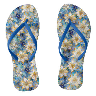 Blue White Gold Christmas Poinsettias Flip Flops