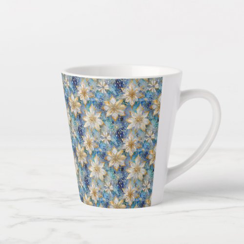 Blue White Gold Christmas Poinsettias Latte Mug