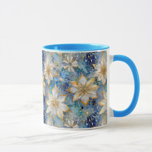Blue White Gold Christmas Poinsettias Mug