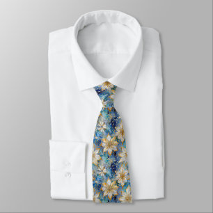 Blue White Gold Christmas Poinsettias Neck Tie