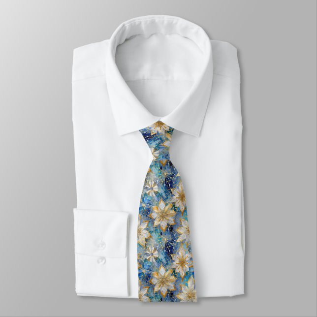 Blue White Gold Christmas Poinsettias Neck Tie (Tied)
