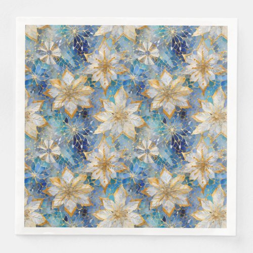 Blue White Gold Christmas Poinsettias Paper Dinner Napkins