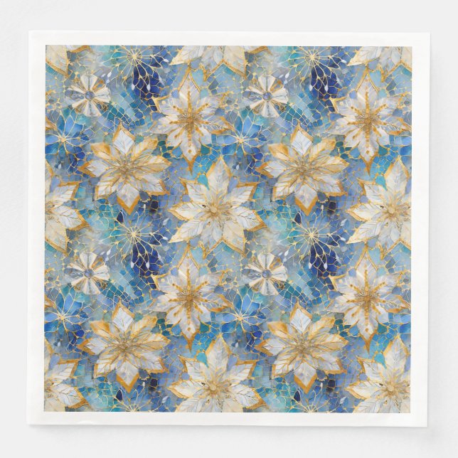 Blue White Gold Christmas Poinsettias Paper Dinner Napkins (Front)